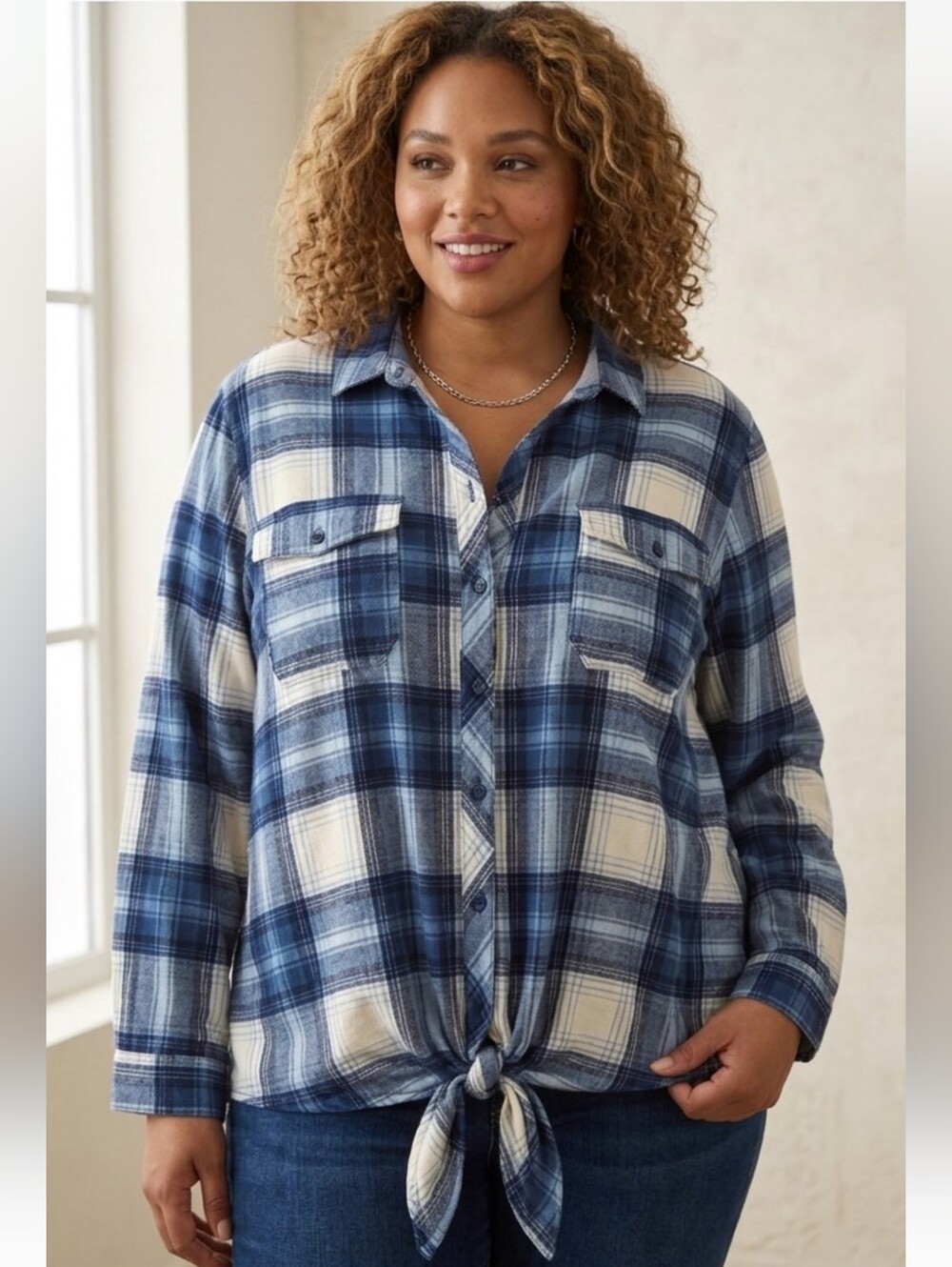 My Style Blue Plaid Tie-Front Flannel Button Down Shirt,Shacket Style,Size 2X